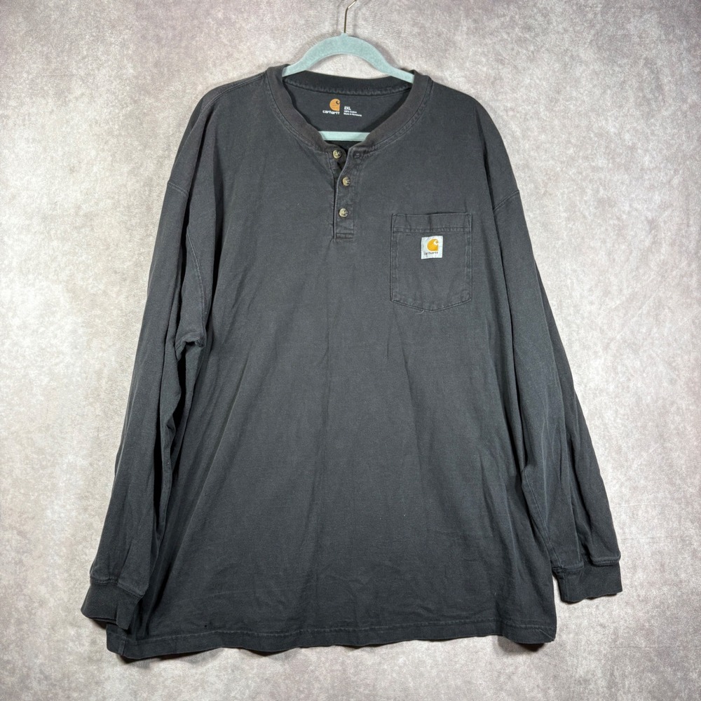 Carhartt Henley Shirt Mens 2XL Black K128 BLK Long Sleeve Pocket Workwear Casual